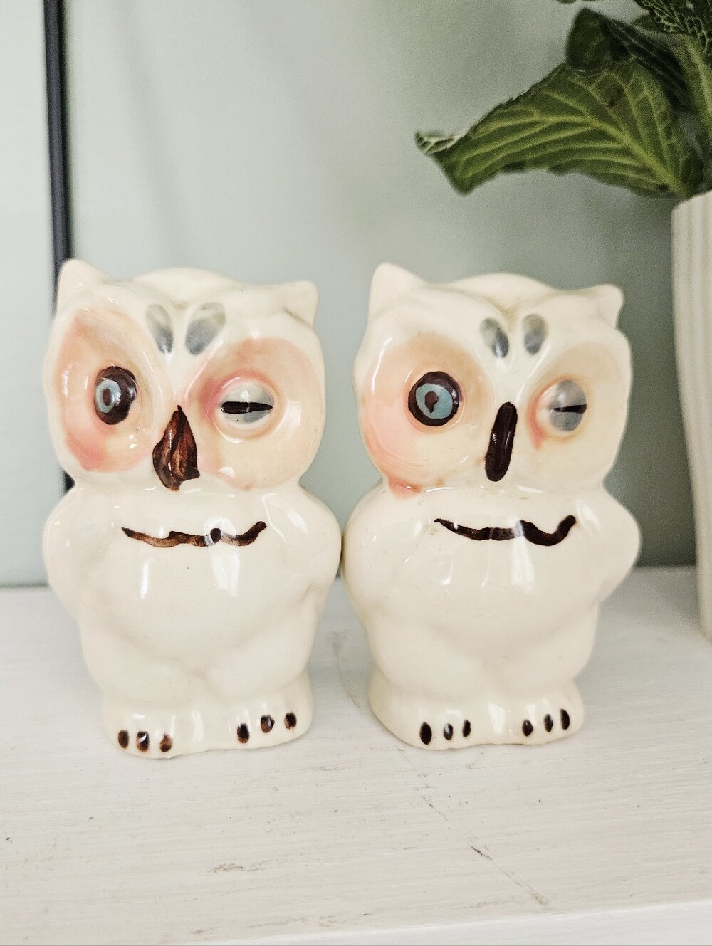 Vintage Ceramic Owl Salt & Pepper Shaker Set Hand Painted Kitchen Decor